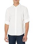 Perry Ellis Men's Rolled Sleeve Solid Linen Cotton Shirt Button, Bright White, Medium