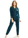 LOTIK Women's Cotton Teal Blue Strip Printed Front-Open Pajama Set Full Sleeve Nightsuit (X_Large)