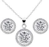 Cate & Chloe Ariel Jewelry Set, 18k White Gold Cubic ZIrconia Pendant Necklace and Stud Earrings, Bridal Jewelry Set, Round Cut Necklace Earring Set for Women, Silver Halo Jewelry Set