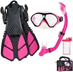 Aisrida Kids Snorkeling Set Children Mask Fin Snorkel Set Snorkeling Gear Snorkel Mask + Adjustable Swimming Kids Flippers+ Dry Snorkel Tube + Travel Bags (Red)