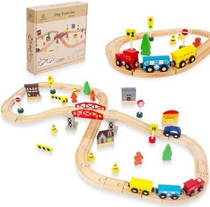 WoodenEdu 60Pcs Train Set for Toddlers, Bridge & Double-Side Wooden Train Set Tracks, Fits Brio, Thomas, Melissa and Doug, Kids Gift Toys for 3 4 5 Years Old Boys Girls