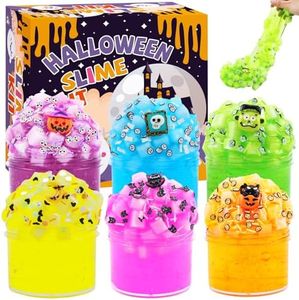 Funewest 6 Packs Halloween Crystal Slime Clear Slime Kit for Girls Boys Ages 8-12, Non Sticky Fluffy Slimes for Kids, Halloween Gifts Party Favors with Spooky Add Ins, Stress Relief Jelly Slimes Toys