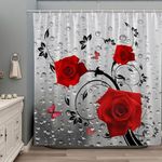 Floral Butterfly Shower Curtain Red Rose Flower Spring Botanical Rustic Farmhouse Abstract Gray Modern Realistic Water Drop Creative Decor Fabric Bathroom Set with Hooks 70Wx70H Inch