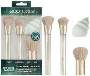 EcoTools Sea Gems Face Makeup Brush & Sponge 4 Piece Set, Eco-Friendly Makeup Brushes & Makeup Sponge, For Foundation, Blush, Contour, & Setting Powder, Recycled Plastic, Cruelty-Free Tools