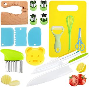 17 Pieces Montessori Kids Safe Cutting Knives Set for Cooking,Toddlers Kitchen Knife Set with Wood Knife,Plastic Knife,Crinkle,Sandwich Cutter,Y Peeler,Egg Beater,Scissors and Cutting Board