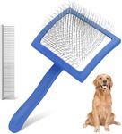 WOPQAEM Dog Slicker Brush for Grooming Hair, Long Pin Brush for Shedding Medium & Long Haired Cats, Professional Tools for Removes Loose Fur, Tangles, Knots, Undercoat - Large, Blue - Free Pet Comb