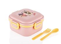 ATTRO Quick Bite Owl Love LUN Box with 3 Compartment Fork & Spoon BPA Free Food Grade Ideal for Kids School, Picnic & Outdoor- 800ml Peach