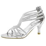 SheSole Womens Sandals Low Heel Strappy Kitten Heels Dress Wedding Bridal Silver Shoes US SIZE 7