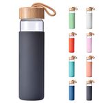 Yomious Borosilicate Glass Water Bottle with Bamboo Lid and Silicone Sleeve - 20 oz – BPA Free – Eco Friendly and Reusable – Leak Proof Design – Carry Strap Built Into Lid (Charcoal Grey)