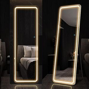 LVSOMT Full Length Mirror with LED Lights, Full Body Mirror, Free Standing Floor Mirror, Wall Mounted Lighted Mirror, Light Up Mirror w/ 3 Color Lighting for Bedroom Living Room (160 x50 cm, White)