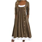 AMhomely Summer Dresses for Women UK Casual Crewneck Long Sleeve Pullover Patchwork Pleated Solid Color Button Dress Ladies Trendy Tunic Dresses for Vacation Cocktail Formal Work Wedding Activewear