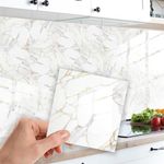 WALPLUS Marble Tile Stickers Glossy Waterproof Oil Proof Removeable Stick on Wall Backsplash DIY PVC for Bathroom Kitchen Home Decor Modern White 24 pcs 15cm(6")