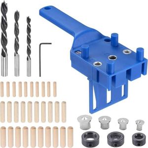 42 Pcs Handheld Dowel Jig Kit Doweling Jig Hole Drill Guide Joint Woodworking Tool, Woodworking Positioning Pin Fixture Kit, includes 6/8/10mm drill bits, 30 wooden dowels