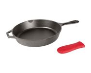 Lodge Manufacturing Company Pre-Seasoned Cast Iron Skillet with Red Silicone Hot Handle Holder, 10.25", Black