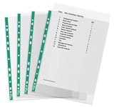 Esselte A4 Punched Pockets, 100 x Poly Pockets, 34 Micron Thickness, Clear Embossed A4 Pockets With Punched Reinforced Green Spine, Ideal For Lever Arch Files & Ring Binders (Pack of 100), 628531