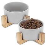 Navaris Ceramic Elevated Cat Bowls - Raised Double Food and Water Bowl Set for Cats and Small Dogs with Wood Stands - Pet Bowls