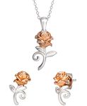 Disney Beauty and the Beast Sterling Silver Belle Rose Stud Earrings and Necklace Set, Official License