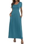 HAOMEILI Women's Short Sleeve Loose Plain Empire Waist Maxi Dresses Casual Long Dresses with Pockets L Acid Blue