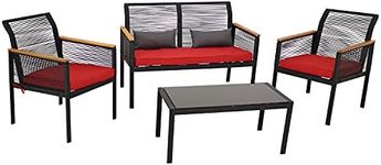 Sunnydaze Coachford 4-Piece Patio Conversation Furniture Set - 1 Loveseat, 2 Chairs and 1 Coffee Table - Thick Red Cushions