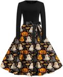 Generic Womens Long Sleeve Dresses Fall Vintage O-Neck Swing Dress Casual Halloween Printed Plus Size Party Hem Dress Halloween Swing Holiday Dresses for Women Thanksgiving（1-Yellow,Small）