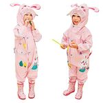 JinBei Puddle Suit Kids Waterproof All in One Rainsuit for Baby Girls Raincoats Hooded Cute Breathable Transparent Hat Reflective Stripes 3D Pink Rabbit Rainwear 1-2 Years