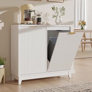 Double Tilt Out Trash Can Cabinet with Odor Control, Outlets, Fluted Trash Cabinet 13 Gallon Hidden Bin Storage, Modern Kitchen Cabinet with Soft-Close Door, Laundry Hamper Cabinet for Bathroom