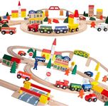 ORBRIUM Wooden Train Set 100 pcs Triple Loop Magnetic Trains with Wooden Tracks Compatible with Thomas The Tank Engine Brio Melissa for Toddler Kids Boys Girls Age 3+ STEM Montessori Toys City