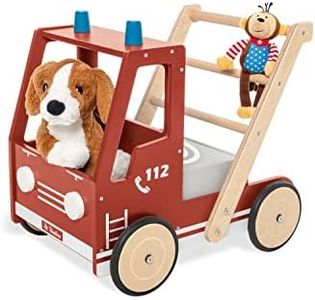 PINOLINO Lauflernwagen Feuerwehrauto Fred, mit Bremssystem, gummierten Holzrädern und herausnehmbarer Box, rot lackiert