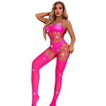 Women's Sexy Fishnet Lingerie Sparkle Rhinestone Stripper Outfits Exotic SetsStretch Halter Chemise WomenLingerie Bodysuit Sexy Set (Rose-red flash)