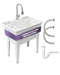 Standing Utility Sink with 1-Handle Pull-Down Gooseneck Faucet – 32” Utility Sinks for Laundry Room, Garage, Garden, Basement – Noah William Home Indoor and Outdoor Basement Wash Tub (White)