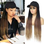 Yunkang Baseball Cap Wig Hat Wig with Synthetic Small Box Braiding Hair Extensions Attached for Black White Women Girls 24inch Long Ombre Braids Wig Black Brown Light Brown(B-53)