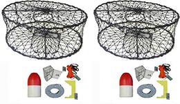 KUFA Sports 2-Pack of Kufa Sports Foldable Crab Trap with Red/White Floats, Harness, Bait Bag, Crab Caliper & Lead Core Singking Line Combo (CT50+CEQ1) x2, Black, Large