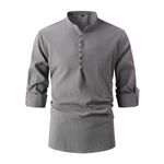 Mens Long Sleeve T Shirt Zip up Polo Men's Fashion Personality Stand Up Collar Cotton Linen Buttons Half Open Long Sleeved T Shirt Men's Solid Color Stand Up Collar Long Shirt Teen T Shirt (Grey, M)