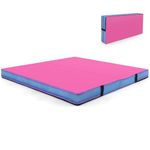 Goplus Folding Gymnastic Mat, 4’ x 4’ x 4’’ Thicked Bi-Fold Fitness Mat with Carrying Handles & PU Leather Cover, Home Gym Exercise Mat for Yoga, Stretching, Pilates, Aerobics Workouts (Rose&Blue)