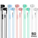 Bulk Earbuds Headphones with Microphone 50 Packs Multi Colored, Wholesale School Earphones with Mic Perfect for Classroom Students Kids Children Teen Gifts