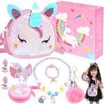 Purse for Little Girls, Unicorn Purse with Jewelry Set, Unicorn Toys Gifts for Girls - Dress Up Pretend Play Christmas Birthday Gifts for 3 4 5 6 7 8 Year Old Girls