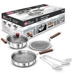 Hawkins 6-Piece Kitchen Gift Set, Tri-Ply Stainless Steel with Shielded Nonstick - 2.5L Deep Kadhai, 22cm Frying Pan, 24cm Paratha Tava, Glass Lid, Stainless Steel Skimmer and Turner (SNSGP1)