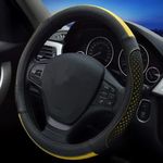 Car Steering Wheel Cover Genuine Leather Heavy for Summer 38CM / 15 '' Hole Perforation Anti-Slip (Black Yellow)