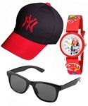 Cron Unisex BTS Ring Kids Cotton Sports Cap & Sunglass & Watch Summer Gift Hat for Boys & Girls Suitable for Age 5 to 12 Years (Pack of 3) (Black Ny)