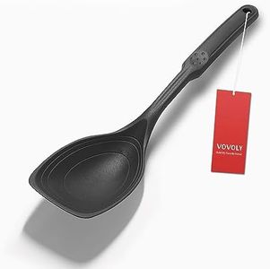 Large Silicone Cooking Spoon, Non-Stick Solid Spoon set with Deep Bolw and Measurement Mark for Mixing, Serving, Draining, Scooping, Scraping, Heat Resistant Kitchen Utensils, Black