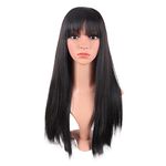 MapofBeauty 22 Inch/56 cm Women Long Straight with Flat Bangs Synthetic Hair Heat Resistant Fiber Hair for Party Cosplay Wig (Brownish Black)