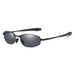 Polarized Sunglasses Small Size Rectangular Wrap Metal Frame UV400 Protection (Black, 53)