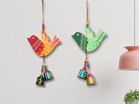 JH Gallery Handcrafted and Emboss Painted Colorful Wooden Birds Hangings for Wall/Garden Decor, Multicolor, (Pack of 1 Pair)