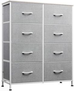 WLIVE Fabric Dresser for Bedroom, Tall Dresser with 8 Drawers, Storage Tower with Fabric Bins, Double Dresser, Chest of Drawers for Closet, Playroom, Dormitory, Light Grey