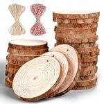 Unfinished Natural Wood Slices, 30Pcs 3.1-3.9 inch Wooden Circles Predrilled with Hole, Round Wood Discs with Twine, Craft Wood Kit DIY Craft for Rustic Wedding Decoration Christmas Ornaments