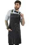 Under NY Sky Cross-Back Black Apron - Golden Hardware, Coated Twill, Leather Reinforcement, Split-Leg - Adjustable for Men, Women, Pro Barber, Tattoo, Hair Stylist, Barista, Bartender, Server Aprons