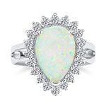 Personalized Big Halo Pear Shape Teardrop Statement 10CT Created White Opal Engagement Ring Cathedral Setting Gemstone Ring For Women .925 Sterling Silver October Birthstone Customizable