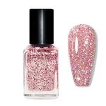 Glitter Nail Polish - Quick Dry Nail Varnish - Rose Gold Shimmering Metal Holographic Nail Paint - Color Pink Champagne Nail Polish No Need Cure 7 Days Lasting