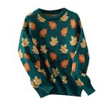 Women's Pullover Sweater Autumn and Winter Maple Leaf Pullover Long Sleeved Casual Campus Knitted Sweater Dark Green