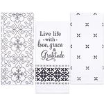 Flour Sack Kitchen Dish Towels Set 100% Cotton, Live Life with Love Grace Gratitude Decorative Prints, Cute Tea Towels, Quote Kitchen Towels, Low Lint and Absorbent, 3 Pack, 28 in x 29 in